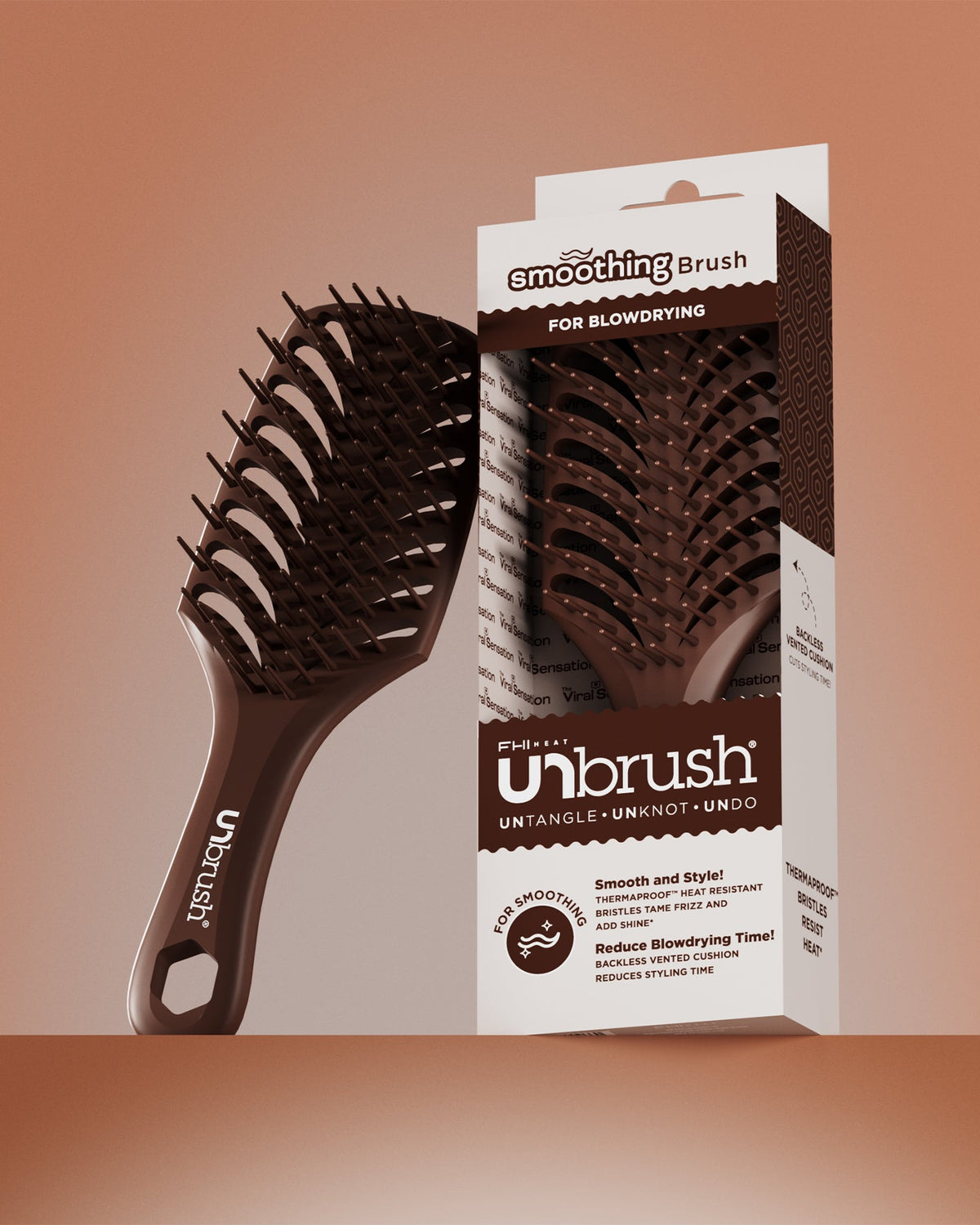 Unbrush smoothing brush with packaging on a gradient background
