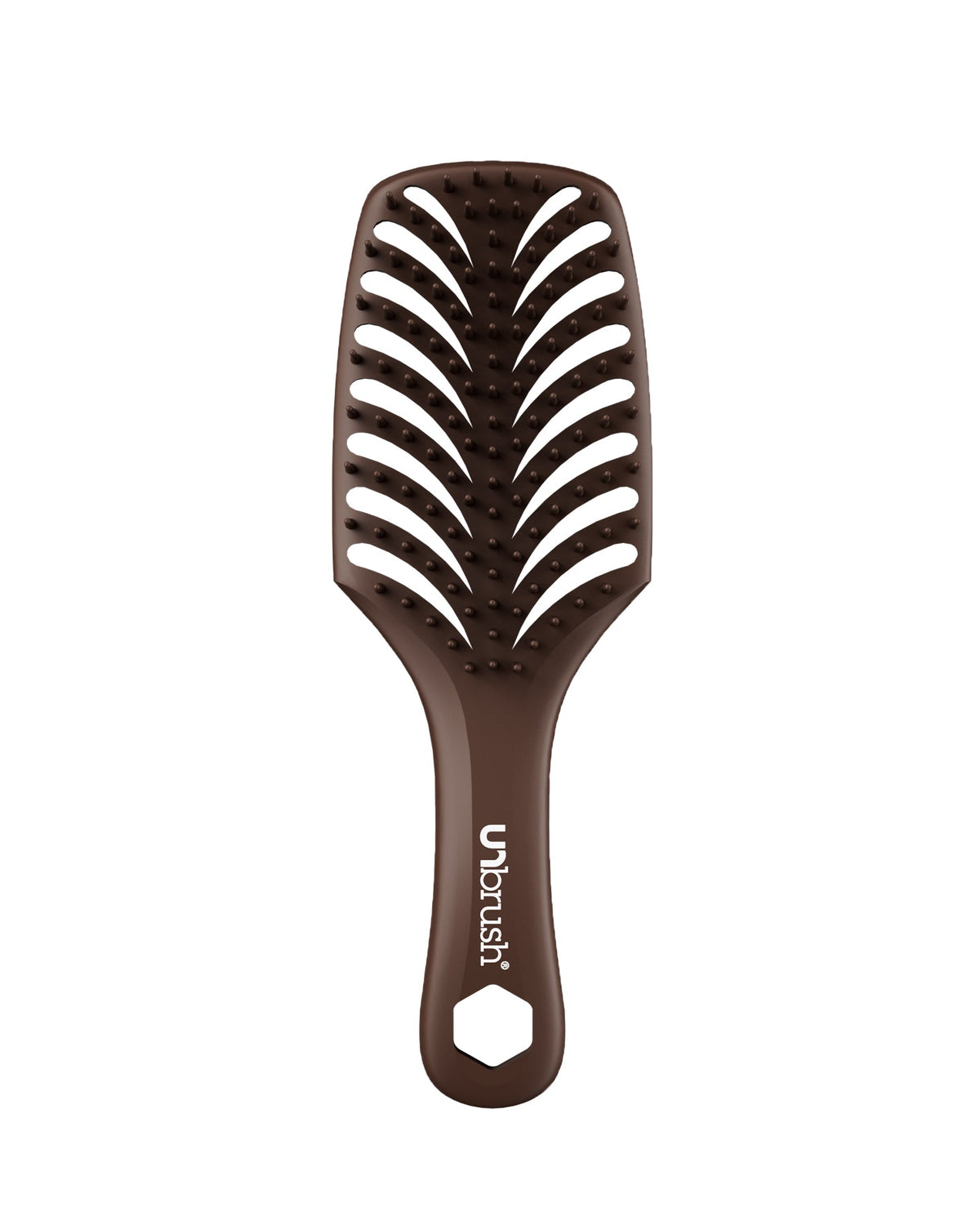 Brown hairbrush with Ubrush logo on a white background