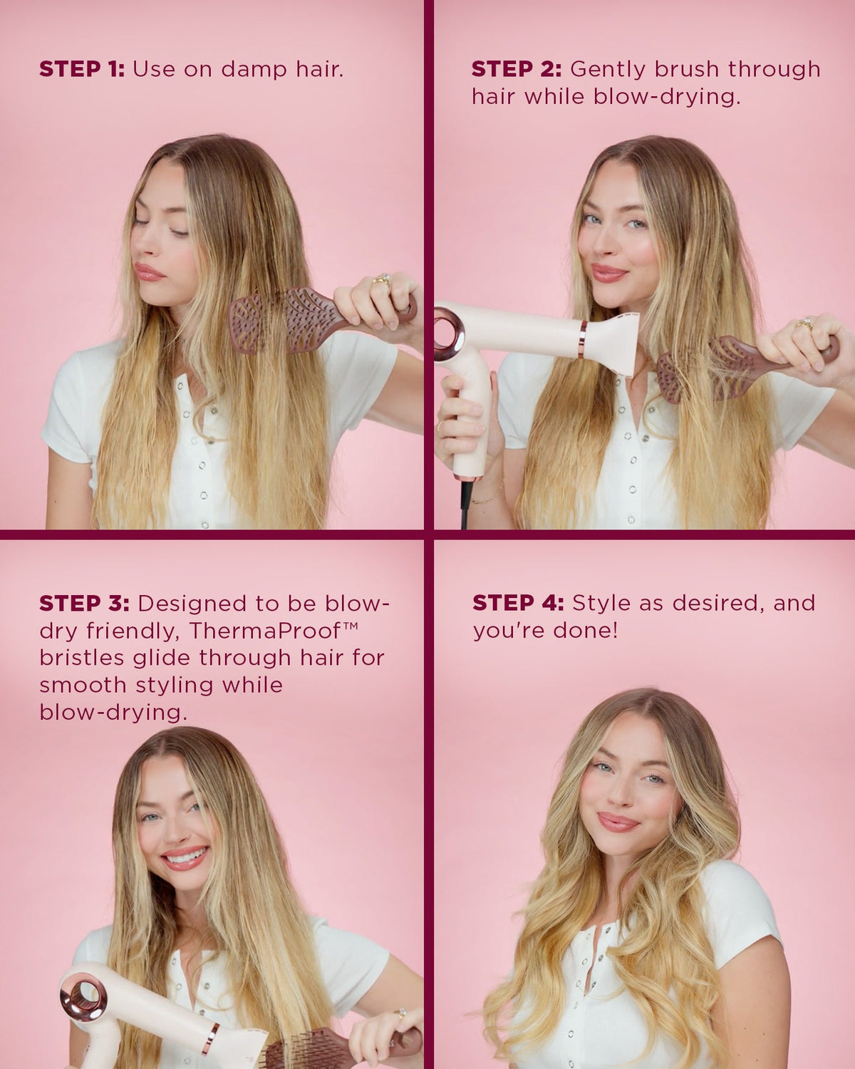 Step-by-step guide on using a hair dryer and brush with a pink background