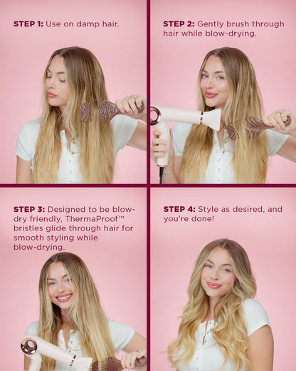 Step-by-step guide on using a hair dryer and brush with a pink background