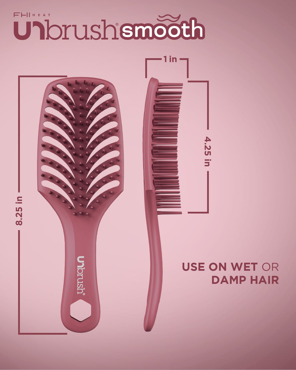 Unbrush Smooth hairbrush and comb set on a pink background with measurements and usage instructions.