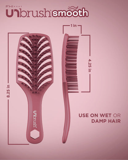 Unbrush Smooth hairbrush and comb set on a pink background with measurements and usage instructions.