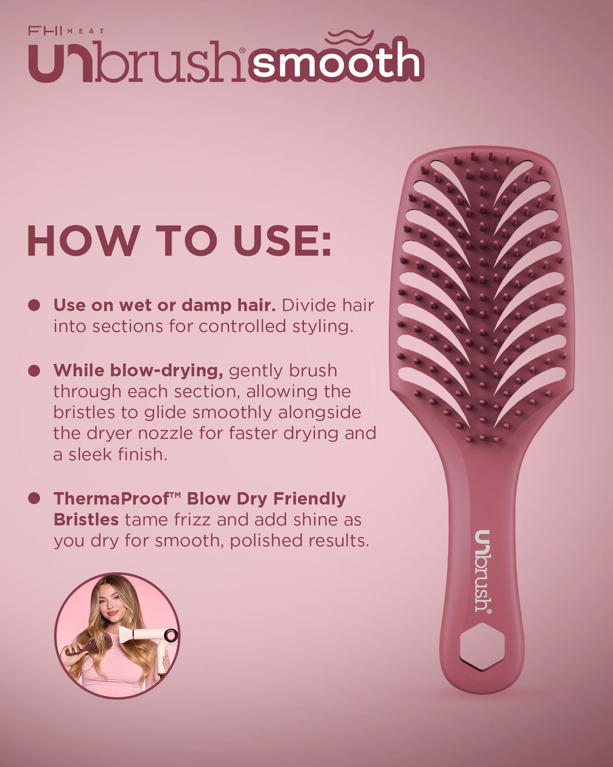 Hairbrush with usage instructions on a pink background