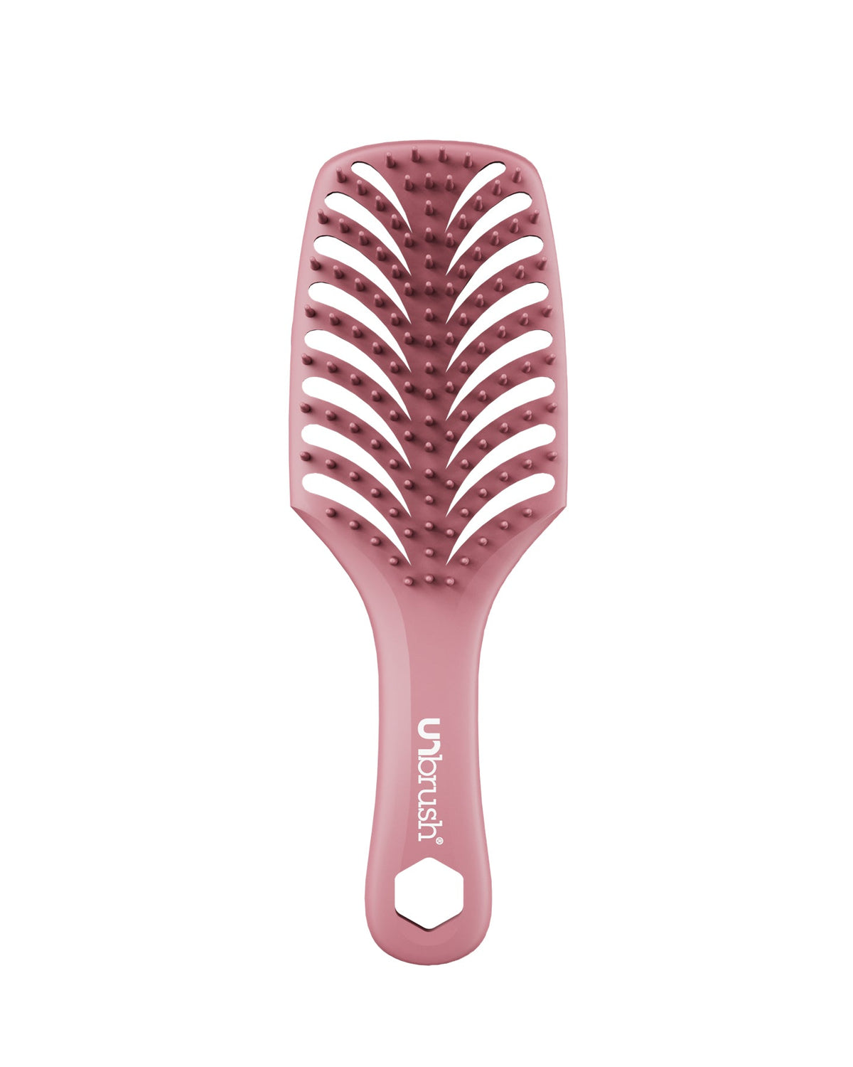 Pink hairbrush with Ubrush branding on a white background
