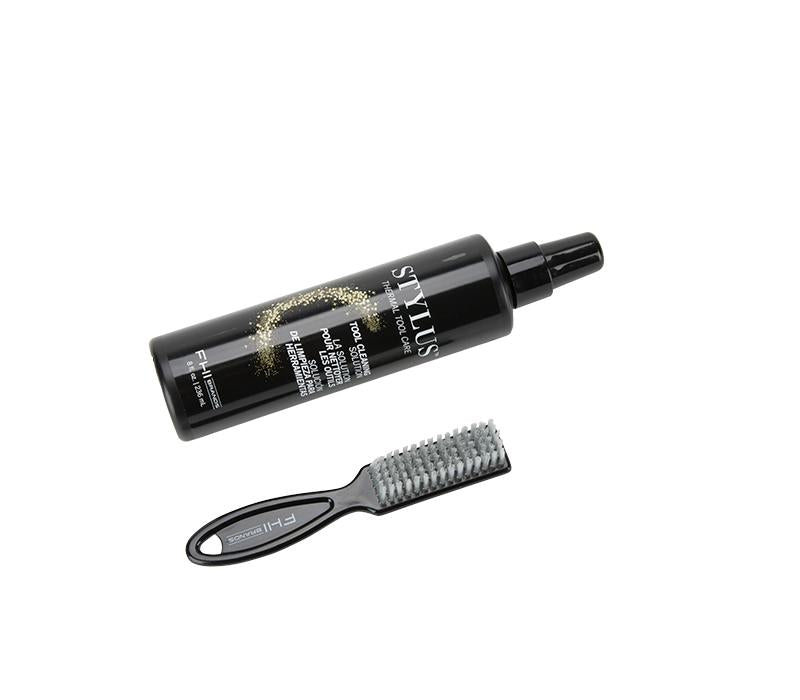 Professional Hair Styling Tool Cleaning System - 8 oz solution bottle and brush - side by side